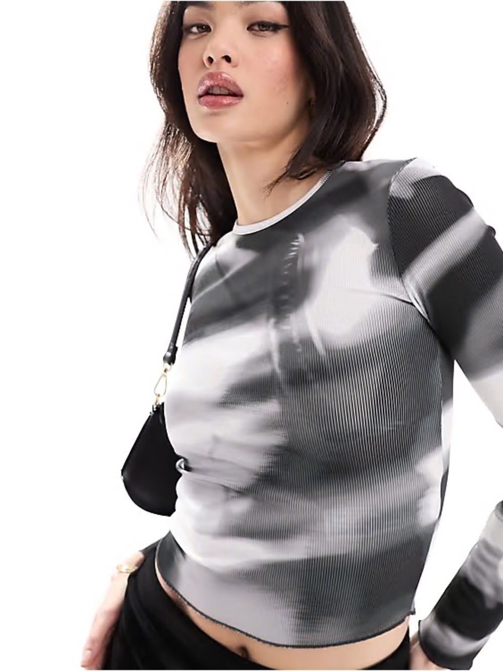 Berska City Print Mesh Long Sleeve Top in Grey